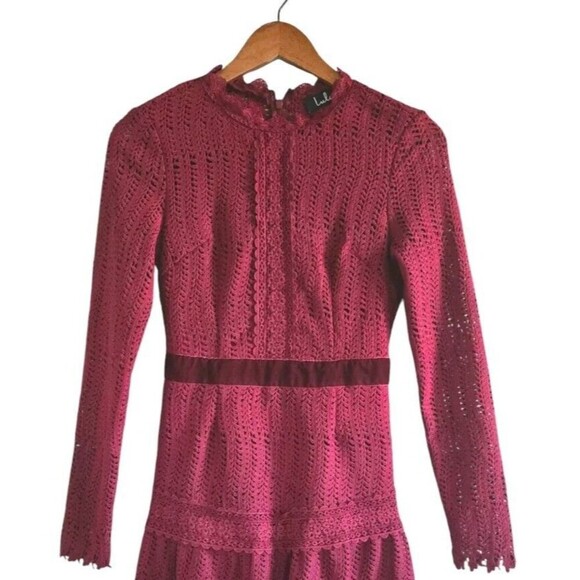 Lulus Crochet  Dress Women's XS Wine Red Velour Trim Midi Event Prairie Back Zip - Picture 3 of 8